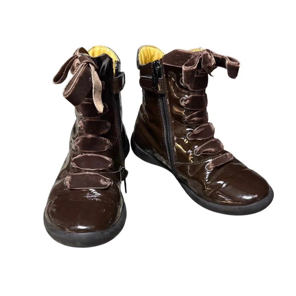 Mod8 Patent Leather Boots Kids Size 30 Brown‎ Good Velvet Ribbon Lace Zip Combat